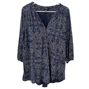 Lucky Brand Blue 3/4 Sleeve Boho Top Size 1X Spring Blouse Paisley Floral Print